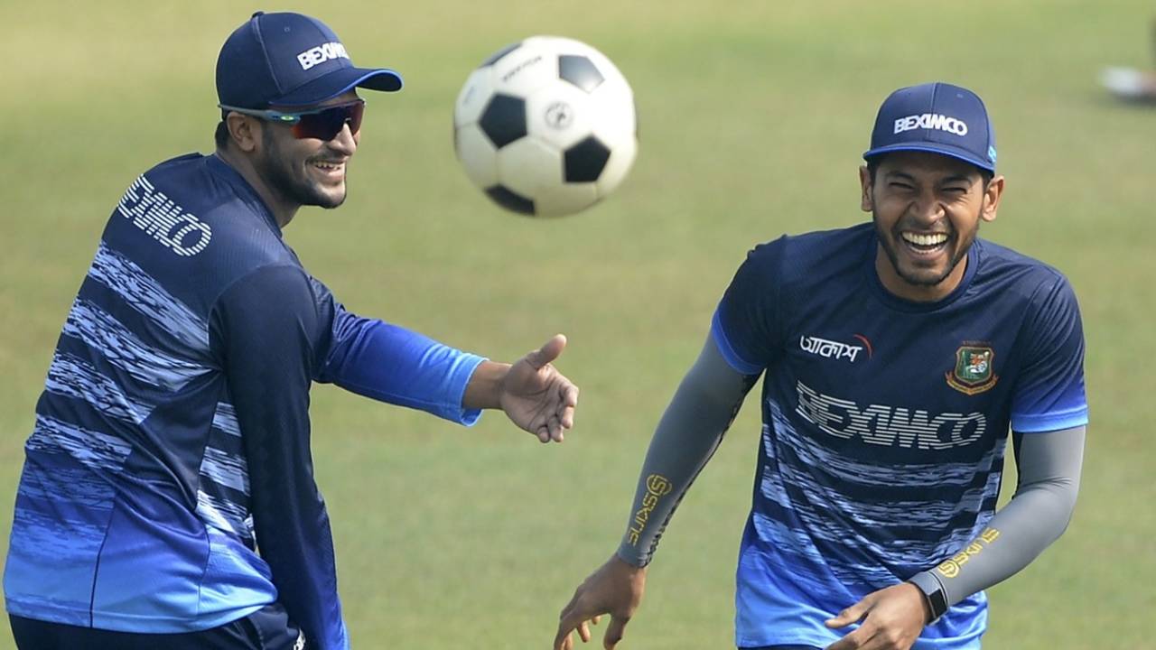 Shakib Al Hasan and Mushfiqur Rahim share a laugh while training at the Zohur Ahmed Chowdhury Stadium, Bangladesh vs West Indies, Chittagong, January 24, 2021