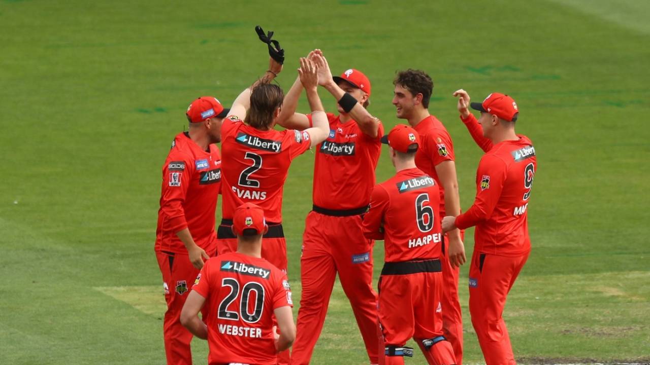 Zak Evans celebrates a wicket with his team-mates, Melbourne Renegades vs Hobart Hurricanes, BBL 2020-21, Melbourne, January 26, 2021