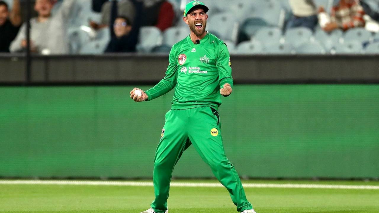 Glenn Maxwell celebrates after Daniel Hughes is dismissed, Melbourne Stars vs Sydney Sixers, BBL 2020-21, Melbourne, January 26, 2021