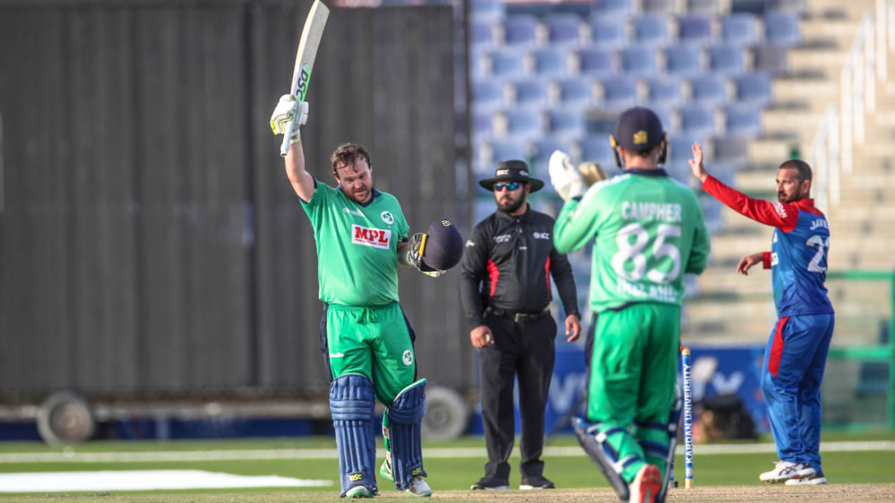 Paul Stirling celebrates getting to a second successive century against Afghanistan, Afghanistan vs Ireland, 3rd ODI, Abu Dhabi, January 26, 2021