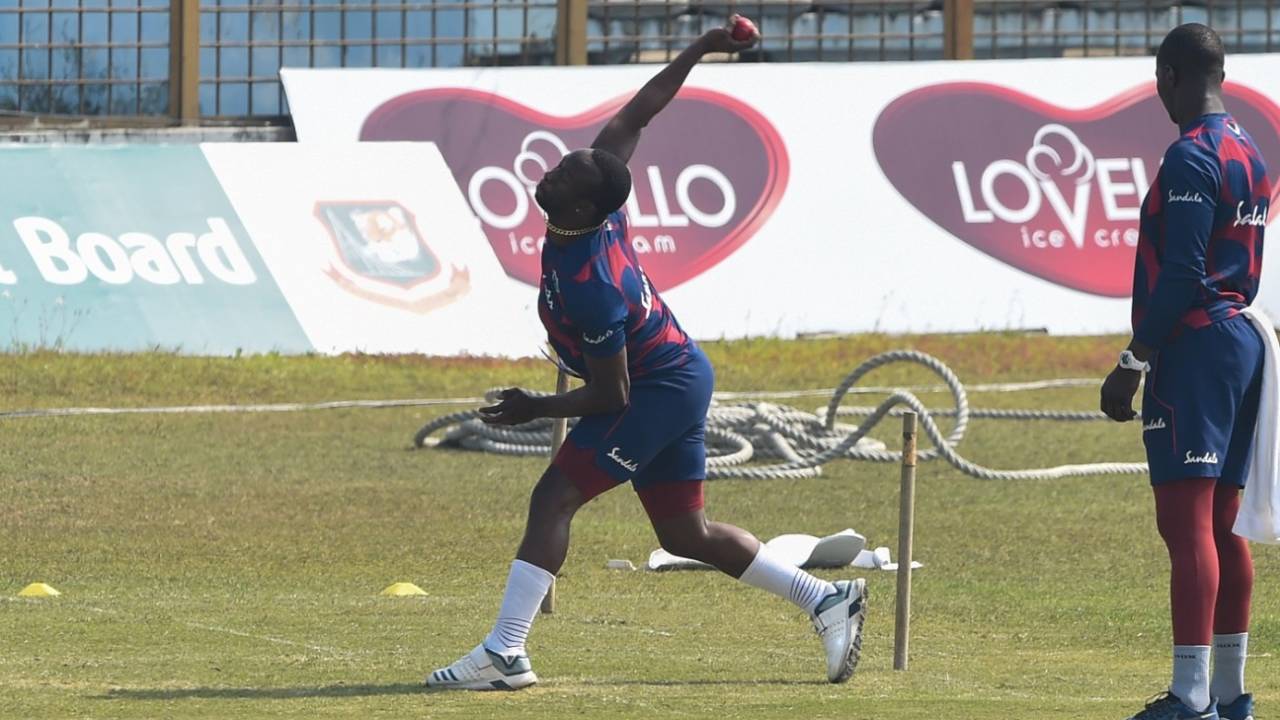 Kemar Roach in full flow during a practice session, Chittagong, January 26, 2021