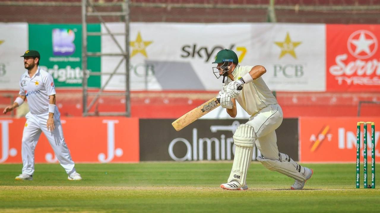 Aiden Markram drives towards cover, Pakistan v South Africa, 1st Test, Karachi, day 3, January 28, 2021