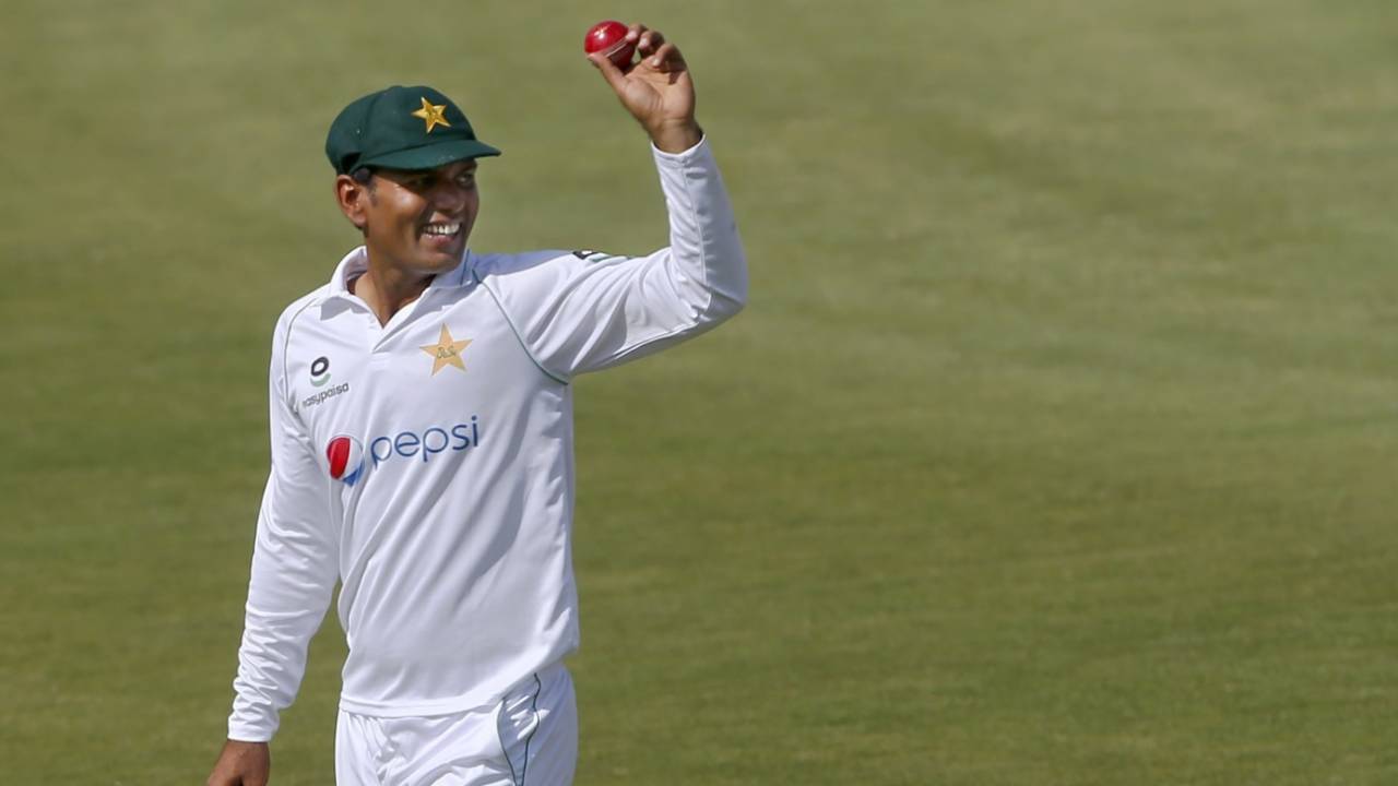 Nauman Ali raises the ball after completing a five-for, Pakistan vs South Africa, 1st Test, Karachi, day 4, January 29, 2021
