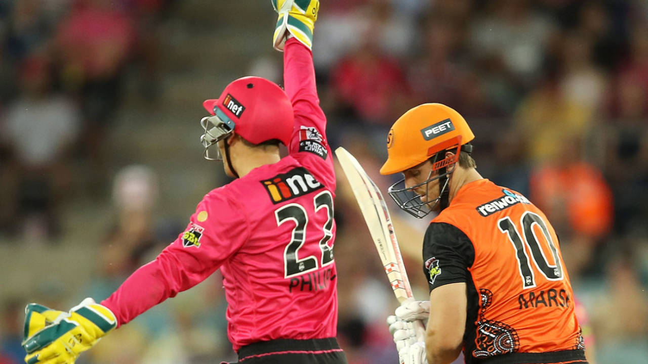 Mitchell Marsh was given caught down the leg side, Sydney Sixers vs Perth Scorchers, BBL, Canberra, January 30, 2021