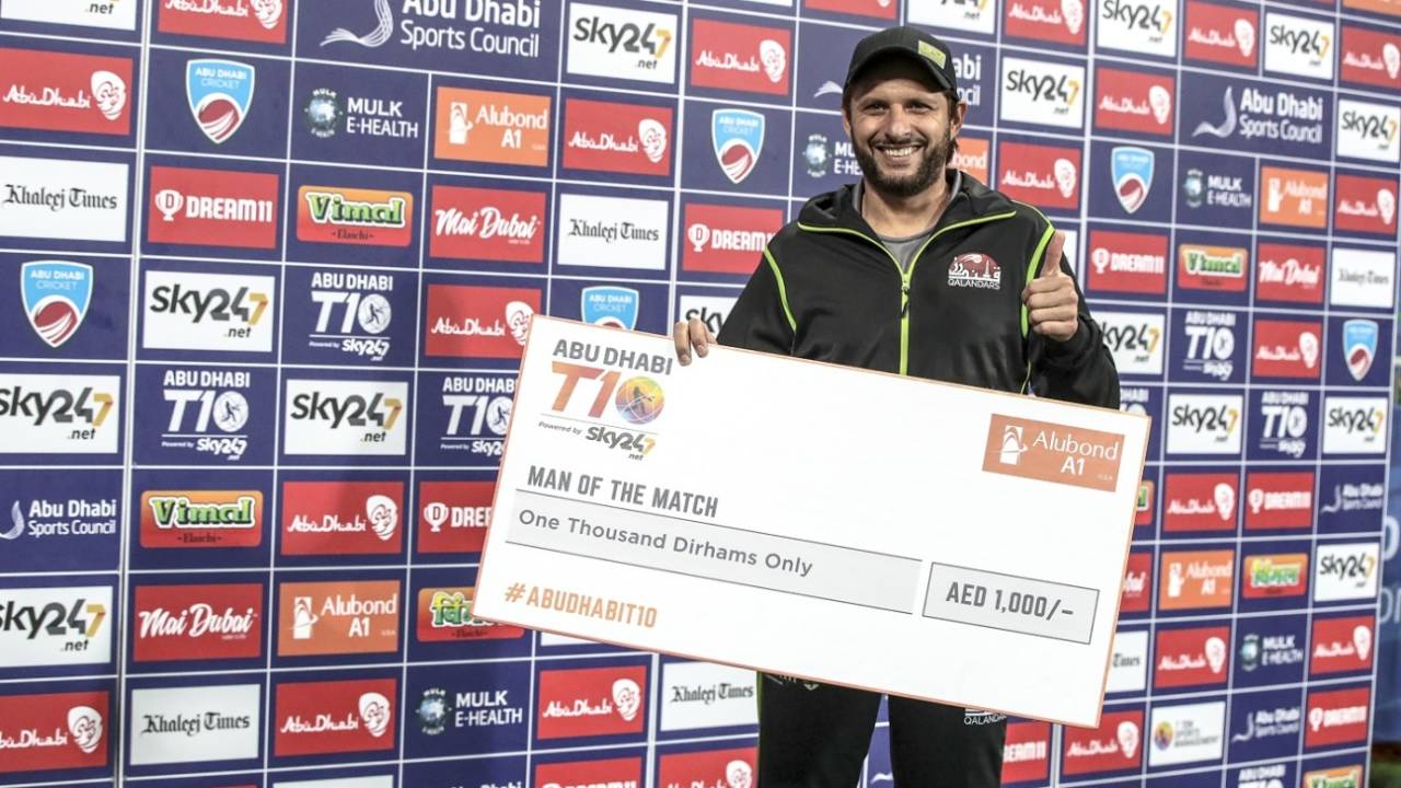 Shahid Afridi's 2 for 16 earned him the Man-of-the-Match award, Team Abu Dhabi vs Qalandars, Abu Dhabi T10 League, Abu Dhabi, January 30, 2021