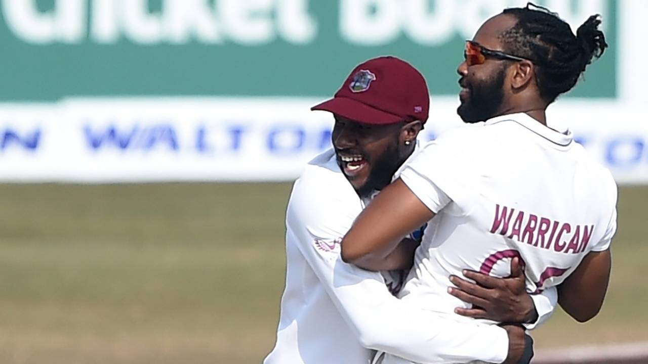Jomel Warrican and Jermaine Blackwood celebrate a wicket, Bangladesh vs West Indies, 1st Test, Chattogram, day 1, February 3, 2021