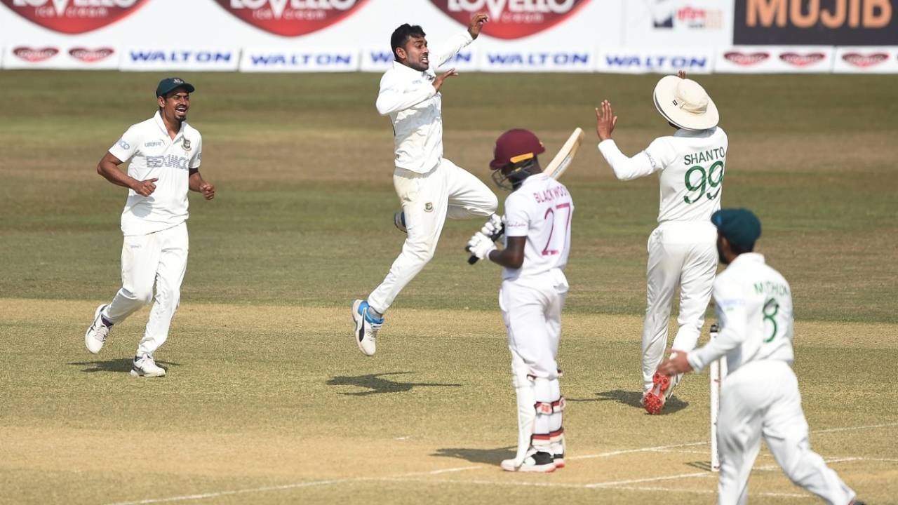 Mehidy Hasan Miraz is jubilant after dismissing Jermaine Blackwood, Bangladesh vs West Indies, 1st Test, Chattogram, Day 3, February 5, 2021