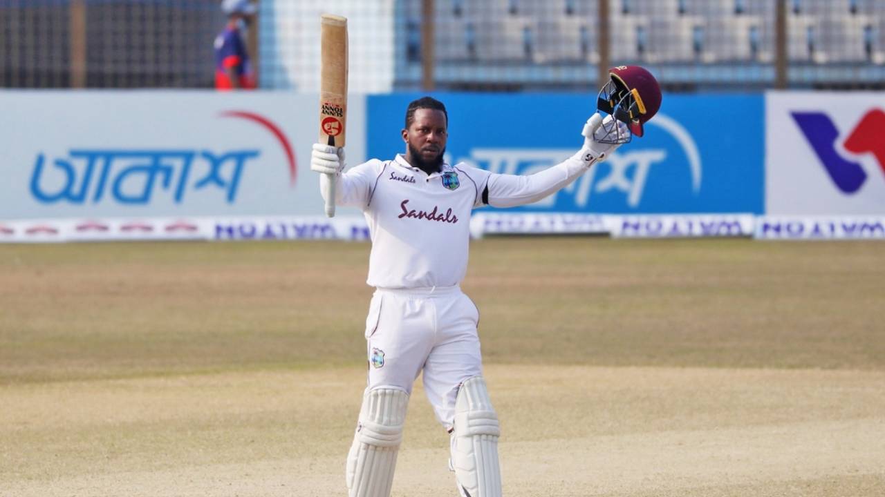 Kyle Mayers raises his bat after getting to the 150-run mark, Bangladesh vs West Indies, 1st Test, Chattogram, Day 5, February 7, 2021