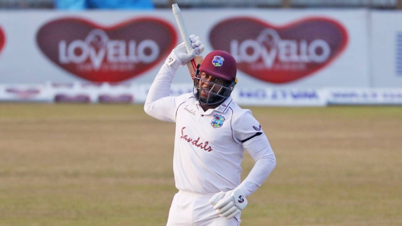 Kyle Mayers is ecstatic upon hitting the winning single, also his 210th run in the innings, Bangladesh vs West Indies, 1st Test, Chattogram, Day 5, February 7, 2021