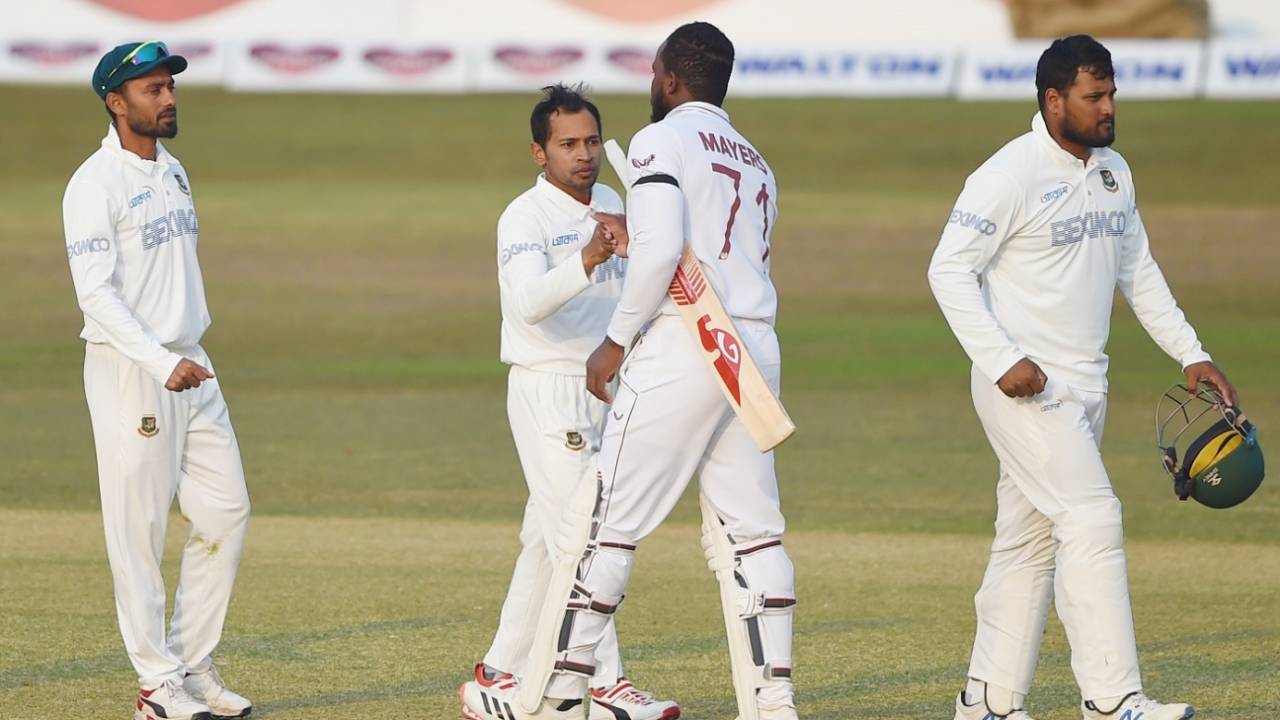 Kyle Mayers and Mushfiqur Rahim bump fists, also his 210th run in the innings, Bangladesh vs West Indies, 1st Test, Chattogram, Day 5, February 7, 2021