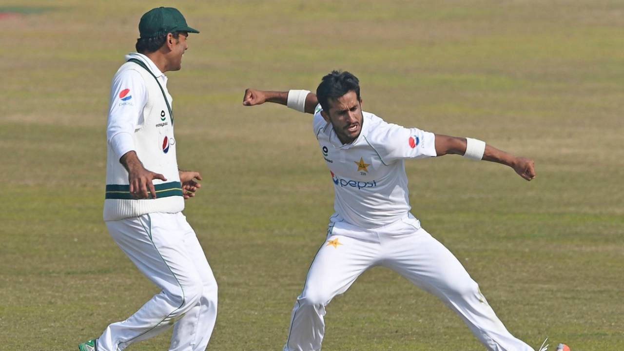 Hasan Ali celebrates after completing his four-for, Pakistan vs South Africa, 2nd Test, Rawalpindi, 5th day, February 8, 2021