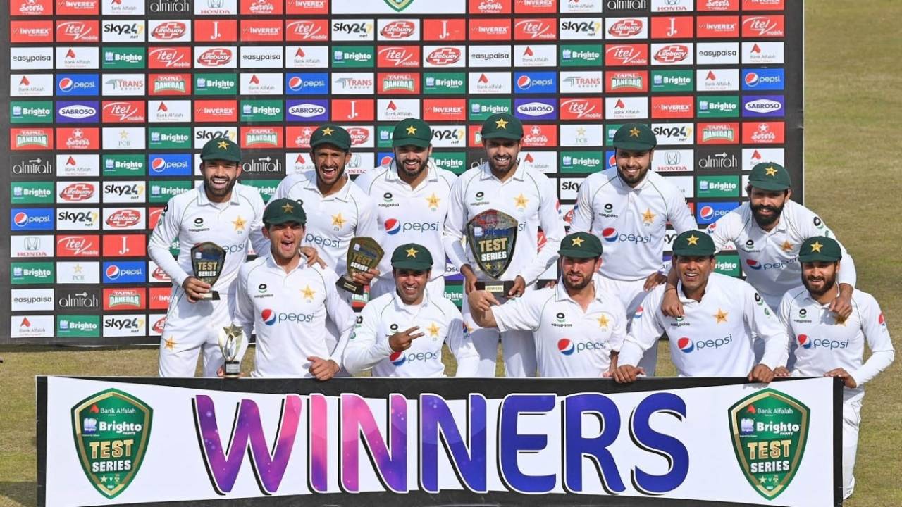 Pakistan captain Babar Azam and his team-mates pose with the series trophy, Pakistan vs South Africa, 2nd Test, Rawalpindi, 5th day, February 8, 2021
