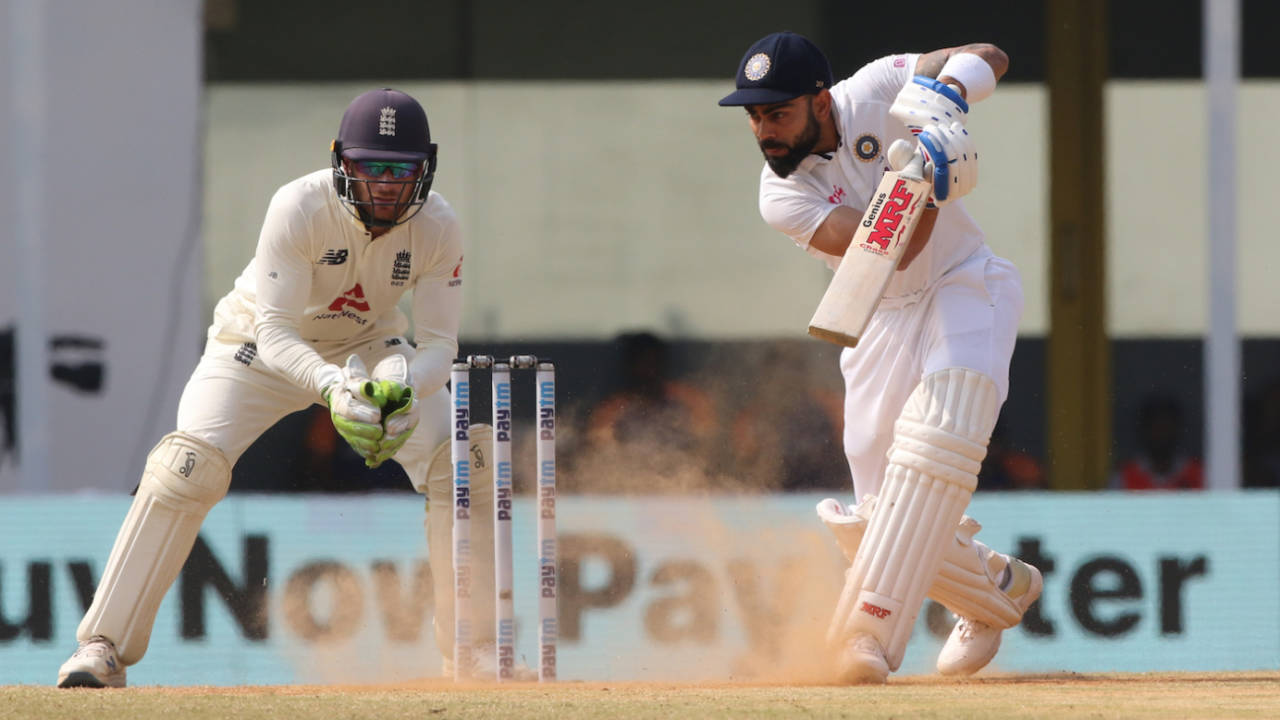 Virat Kohli drives on a dusty pitch, India vs England, 1st Test, Chennai, 5th day, February 9, 2021