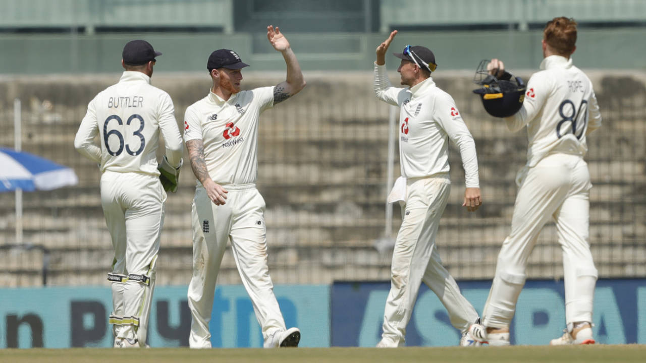 Ben Stokes and Joe Root high five after completing England's win, India vs England, 1st Test, Chennai, 5th day, February 9, 2021