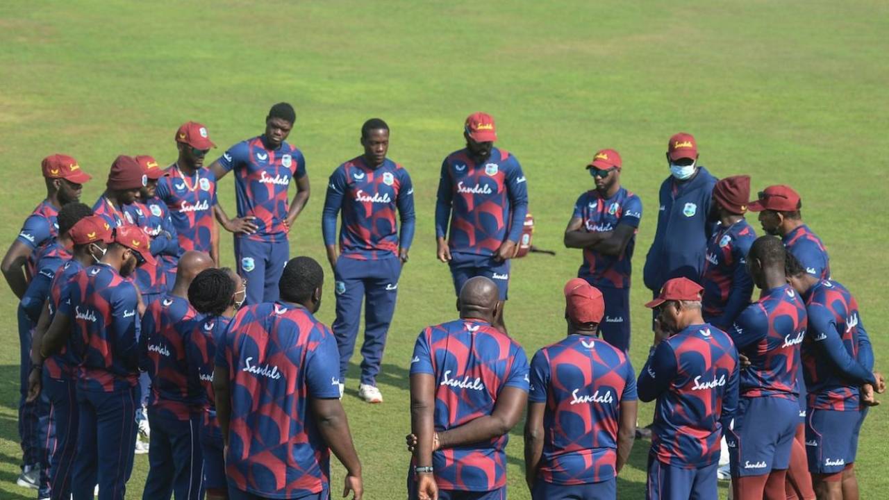 The West Indies squad holds a meeting while training, Dhaka, February 9, 2021