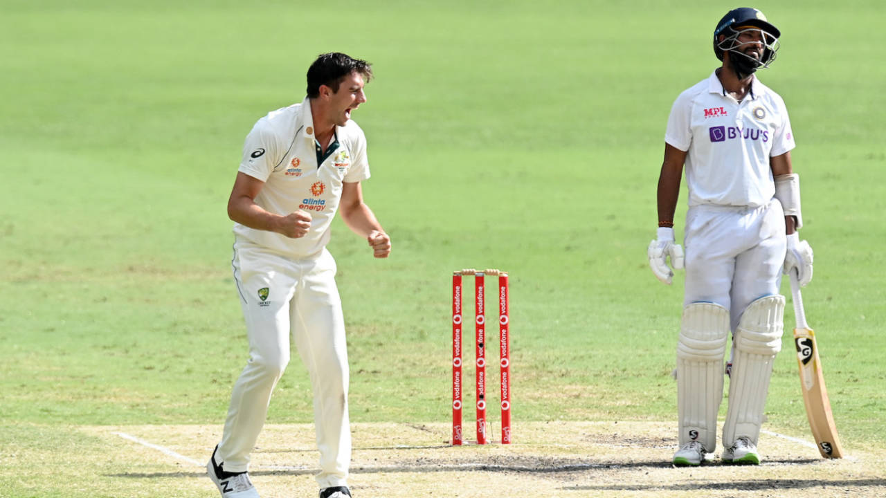 Pat Cummins celebrates Cheteshwar Pujara's wicket, Australia vs India, 4th Test, Brisbane, 5th day, January 19, 2021