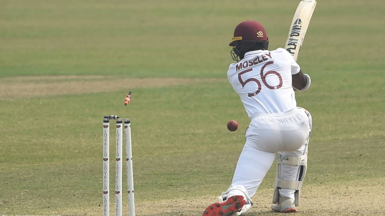 Shayne Moseley chases a wide one on to his stumps, Bangladesh v West Indies, 2nd Test, Dhaka, 1st day, February 11, 2021