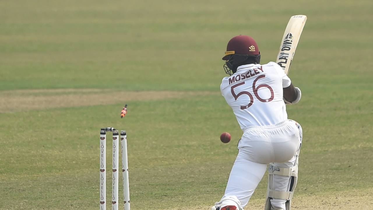 Shayne Moseley chases a wide one on to his stumps, Bangladesh v West Indies, 2nd Test, Dhaka, 1st day, February 11, 2021