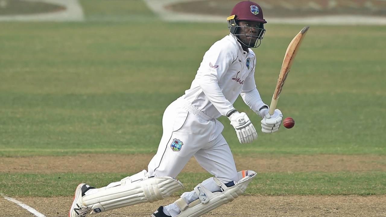 Nkrumah Bonner defends through the off side, Bangladesh vs West Indies, 2nd Test, Dhaka, 4th day, February 14, 2021
