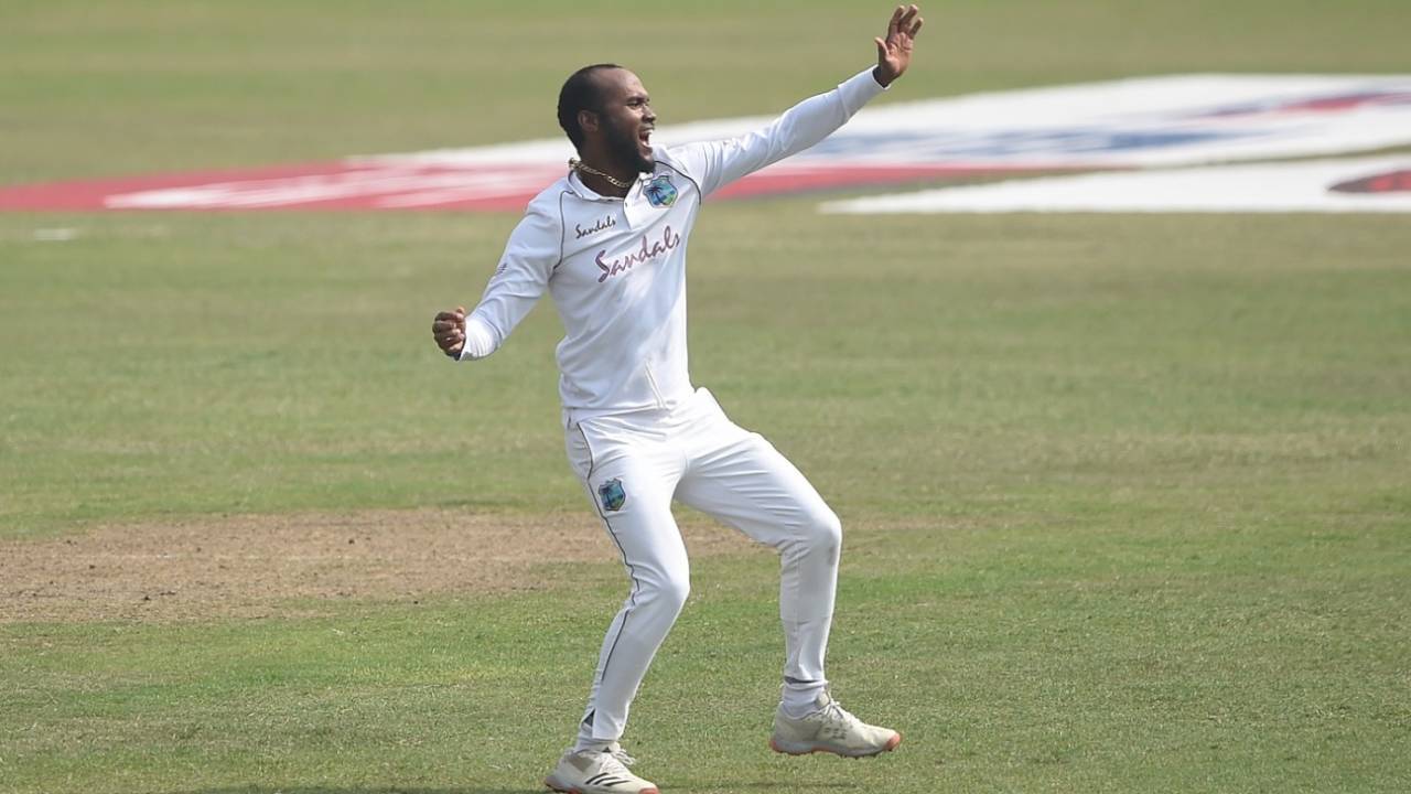 Kraigg Brathwaite celebrates a wicket, Bangladesh v West Indies, 2nd Test, Dhaka, 4th day, February 14, 2021
