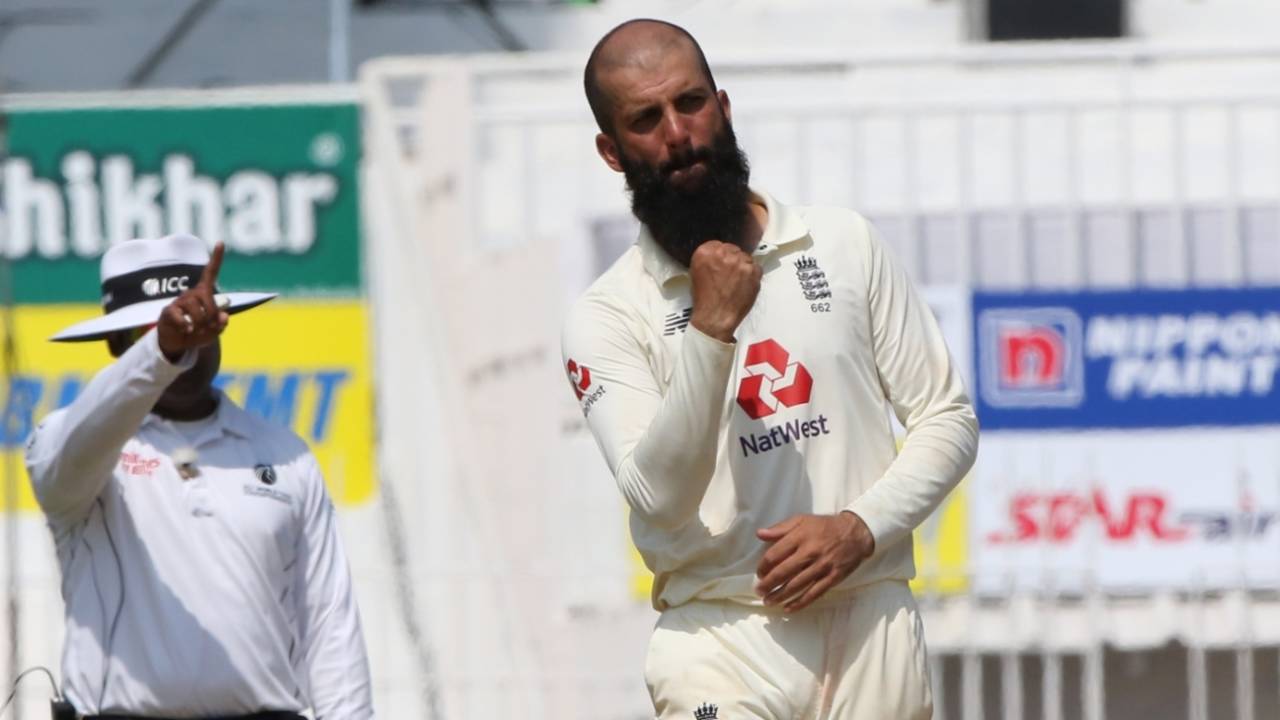 Moeen Ali celebrates one of his four second-innings strikes, India vs England, 2nd Test, Chennai, 3rd day, February 15, 2021