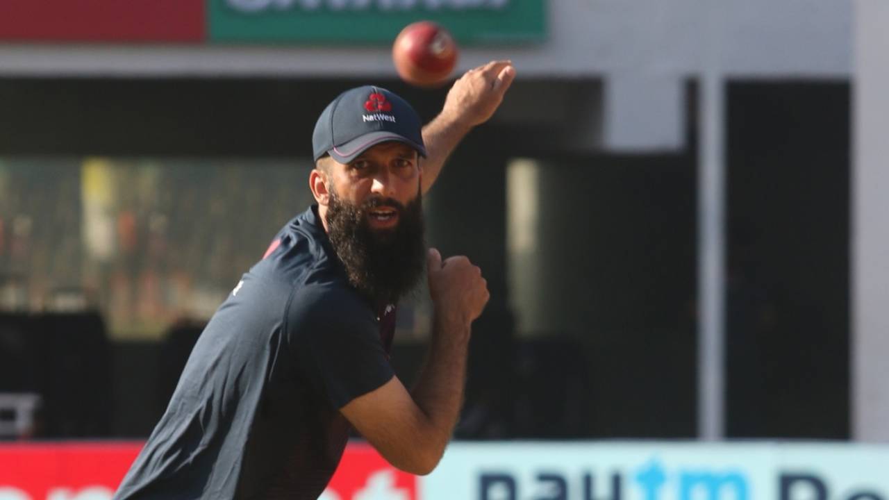 Moeen Ali has a bowl during the warm-ups, Chennai, February 6, 2021
