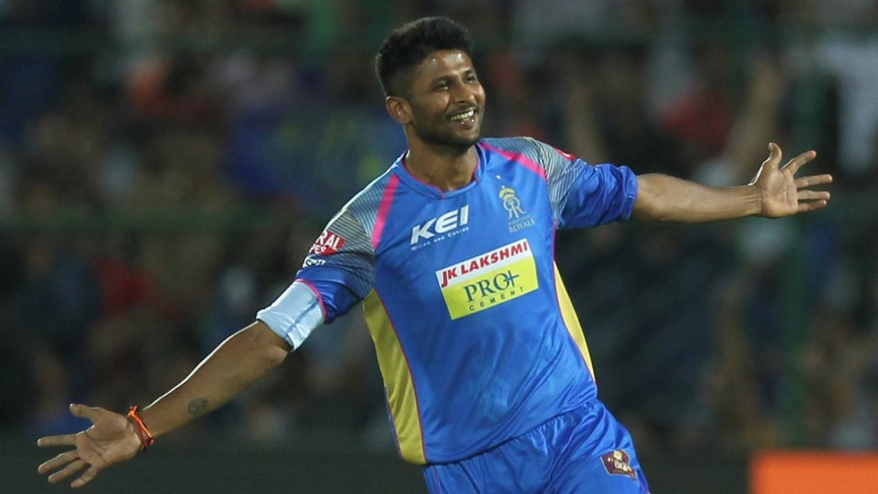 K Gowtham celebrates after taking the wicket of Chris Gayle., Jaipur, May 8, 2018