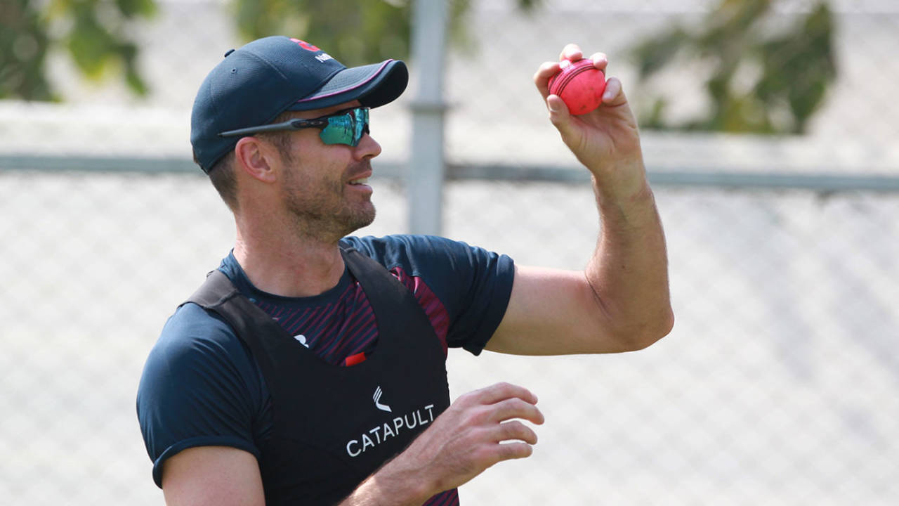 James Anderson warms up with a pink ball, India v England, 3rd Test, Ahmedabad, February 22, 2021