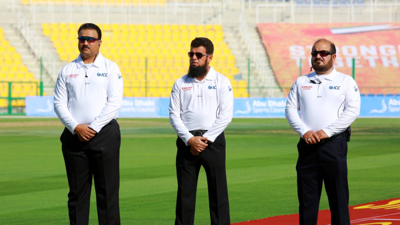 Umpire Ahmed Shah Pakteen (right) was on Test debut, Afghanistan vs Zimbabwe, 1st Test, Abu Dhabi, 1st day, March 2, 2021