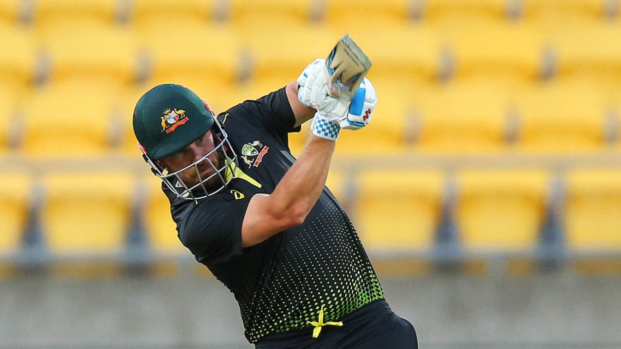 Aaron Finch plays down the ground, New Zealand vs Australia, 3rd T20I, Wellington, March 3, 2021