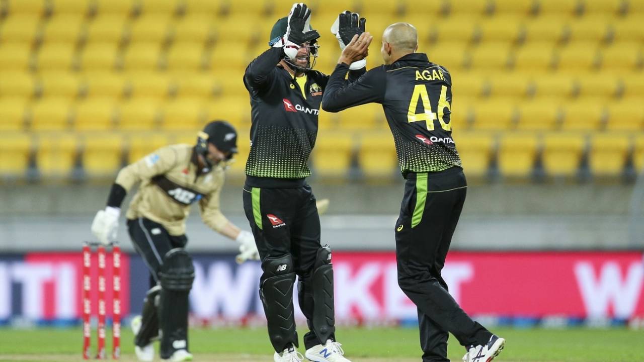 Ashton Agar celebrates the wicket of Devon Conway, New Zealand vs Australia, 3rd T20I, Wellington, March 3, 2021