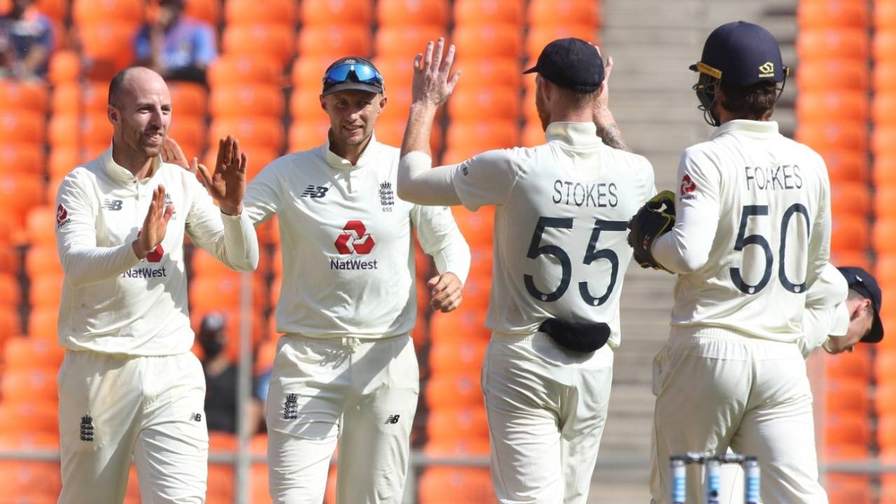 Jack Leach celebrates the wicket of Cheteshwar Pujara, India vs England, 4th Test, Ahmedabad, 2nd Day, March 5, 2021