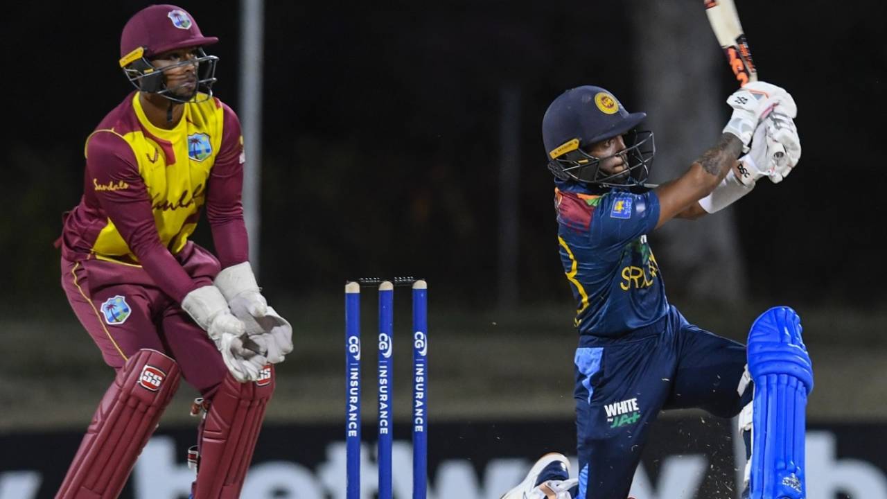 Pathum Nissanka plays a slog sweep, West Indies vs Sri Lanka, 2nd T20I, Coolidge, March 5, 2021