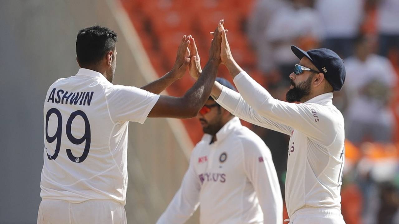 Virat Kohli and R Ashwin celebrate after the last England wicket, India vs England, 4th Test, Ahmedabad, 3rd day, March 6, 2021