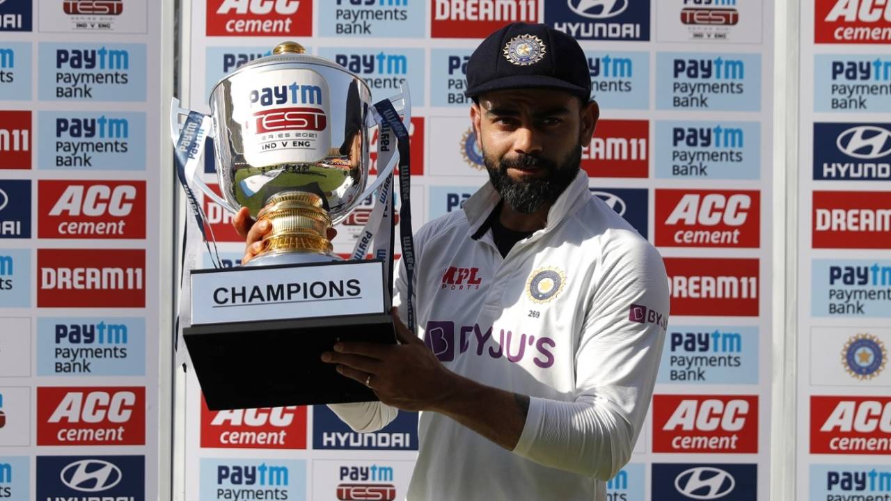Virat Kohli poses with the trophy, India vs England, 4th Test, Ahmedabad, 3rd day, March 6, 2021