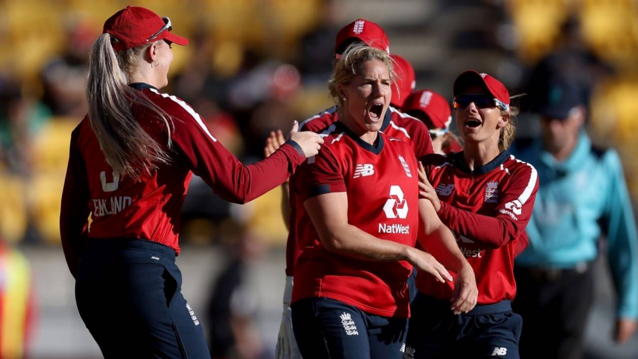 Katherine Brunt is pumped up after claiming a wicket&nbsp;&nbsp;&bull;&nbsp;&nbsp;AFP/Getty Images