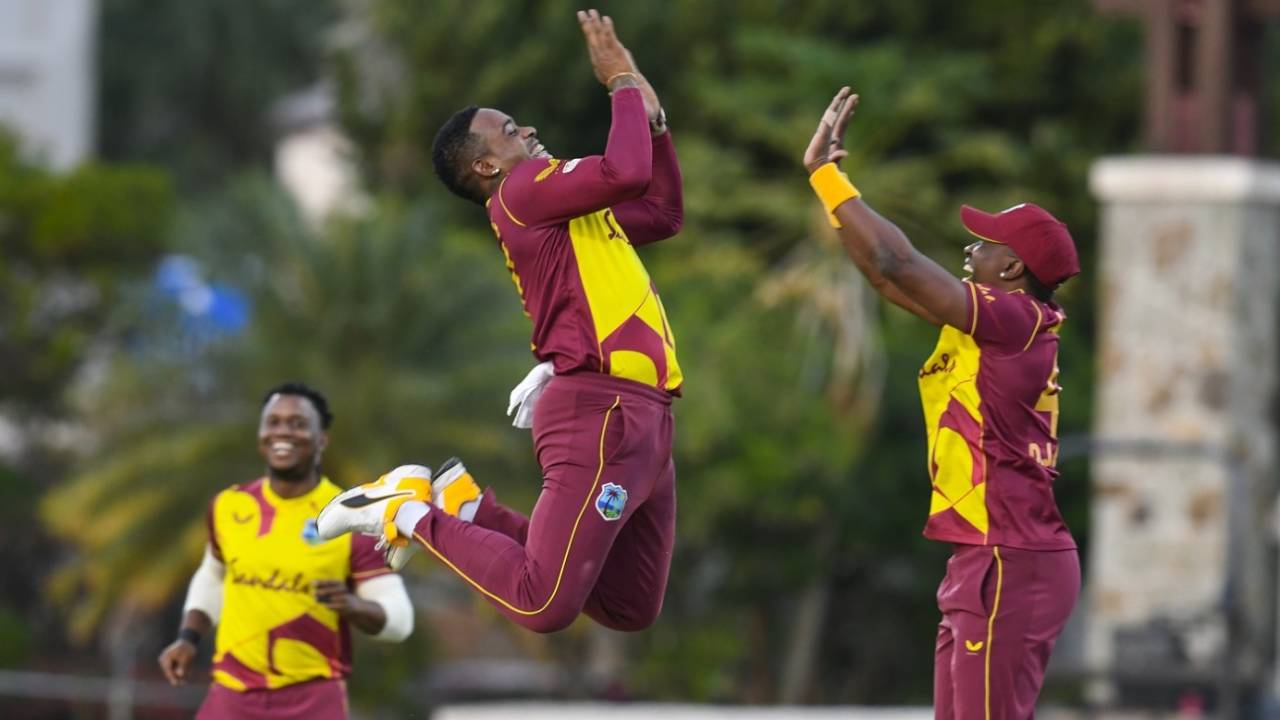 Fabian Allen leaps in joy after dismissing Danushka Gunathilaka&nbsp;&nbsp;&bull;&nbsp;&nbsp;AFP