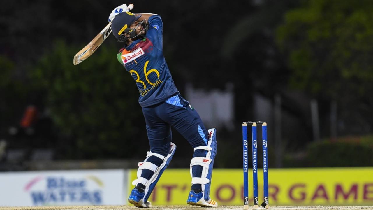 Dinesh Chandimal fails to connect a ramp shot, West Indies vs Sri Lanka, 3rd T20I, Coolidge, March 7, 2021