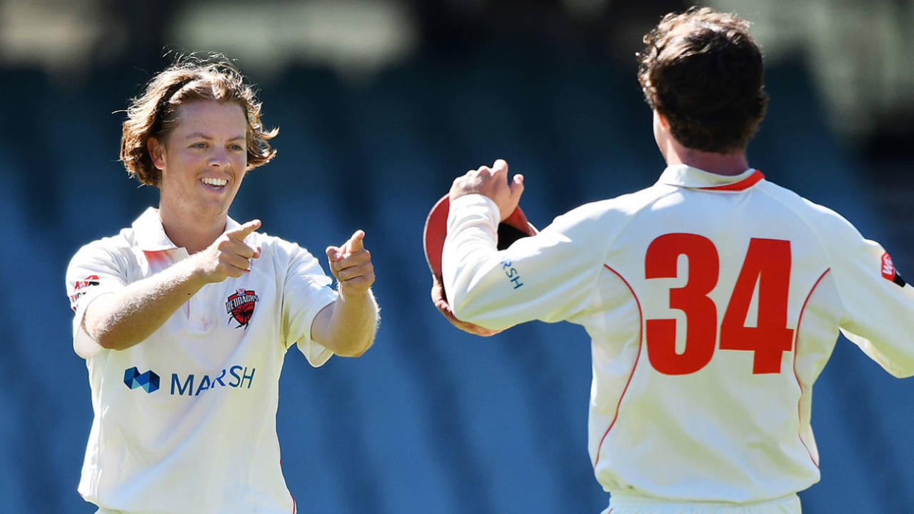 Joe Medew-Ewen celebrates his first first-class wicket, South Australia vs New South Wales, Sheffield Shield, Adelaide, March 8, 2021