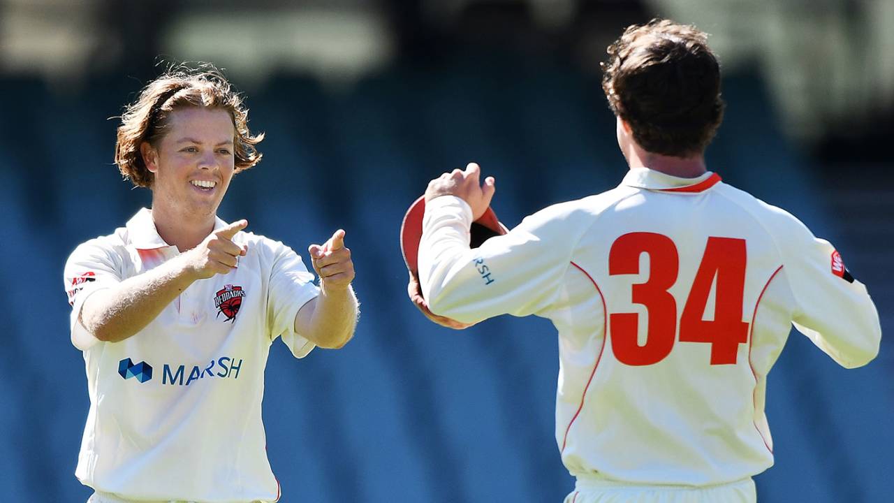 Joe Medew-Ewen celebrates his first first-class wicket, South Australia vs New South Wales, Sheffield Shield, Adelaide, March 8, 2021
