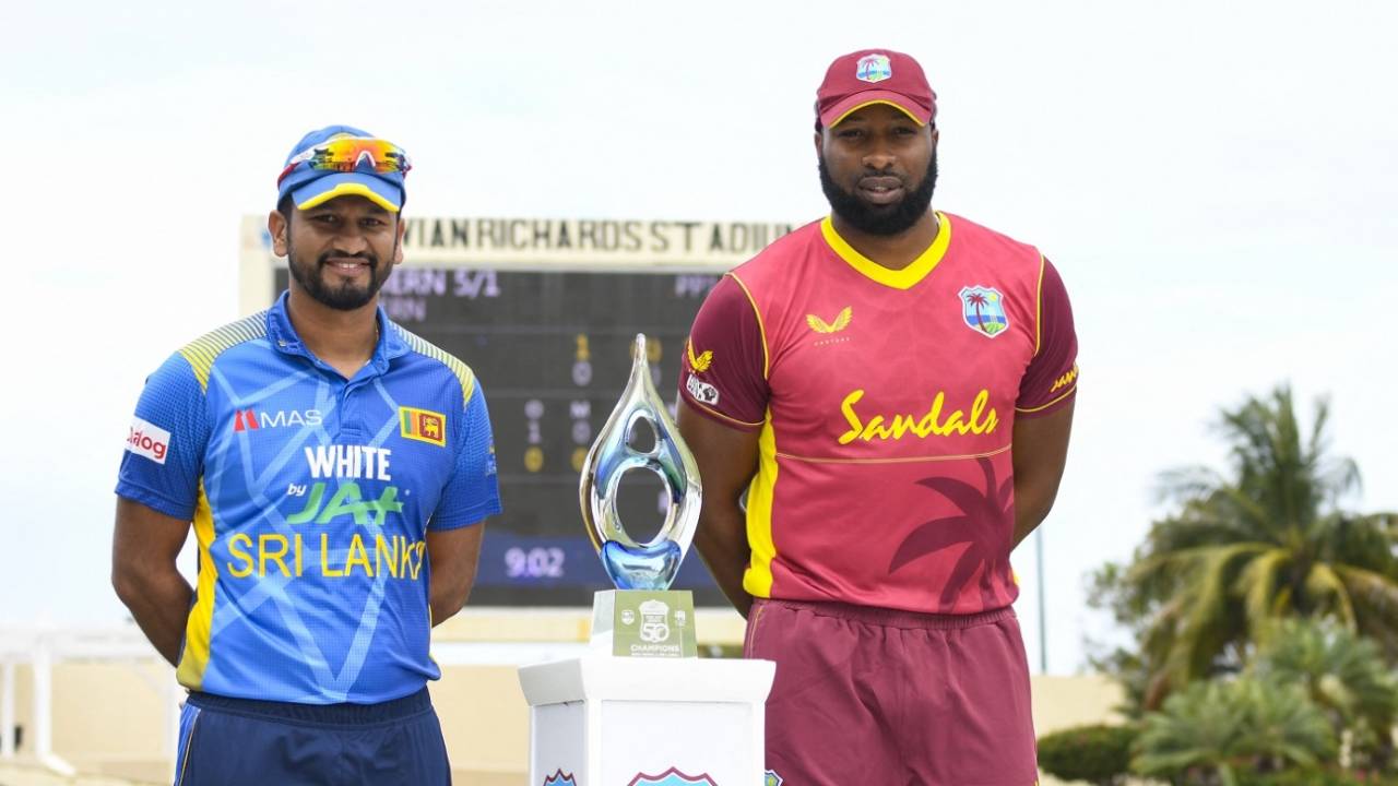 Dimuth Karunaratne and Kieron Pollard pose with the trophy, West Indies vs Sri Lanka, 1st ODI, North Sound, March 10, 2021