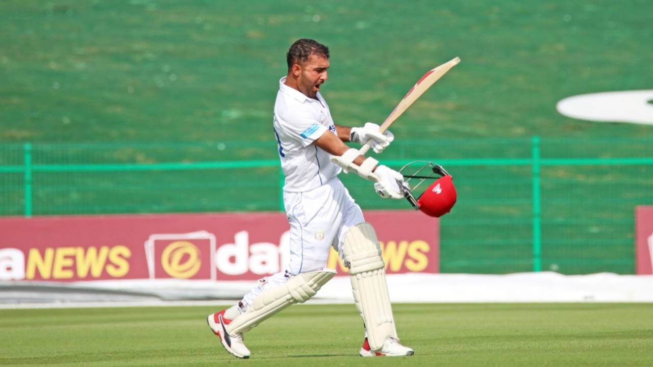 Hashmatullah Shahidi is pumped up after recording Afghanistan's first double-ton in Tests, Afghanistan v Zimbabwe, 2nd Test, 2nd day, Abu Dhabi, March 11, 2021