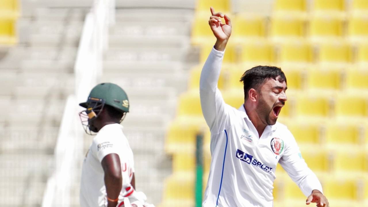 Rashid Khan is jubilant after picking up a wicket, Afghanistan vs Zimbabwe, 2nd Test, Abu Dhabi, 3rd day, March 12, 2021