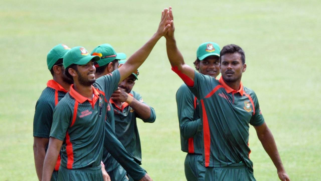 Bangladesh Emerging Team pacer Sumon Khan celebrates his four-wicket haul with his team-mates&nbsp;&nbsp;&bull;&nbsp;&nbsp;BCB