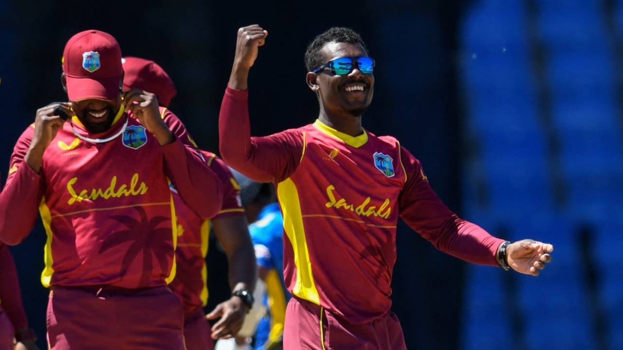 Jason Mohammed is all smiles after bowling Dimuth Karunaratne, West Indies vs Sri Lanka, 3rd ODI, North Sound, March 14, 2021