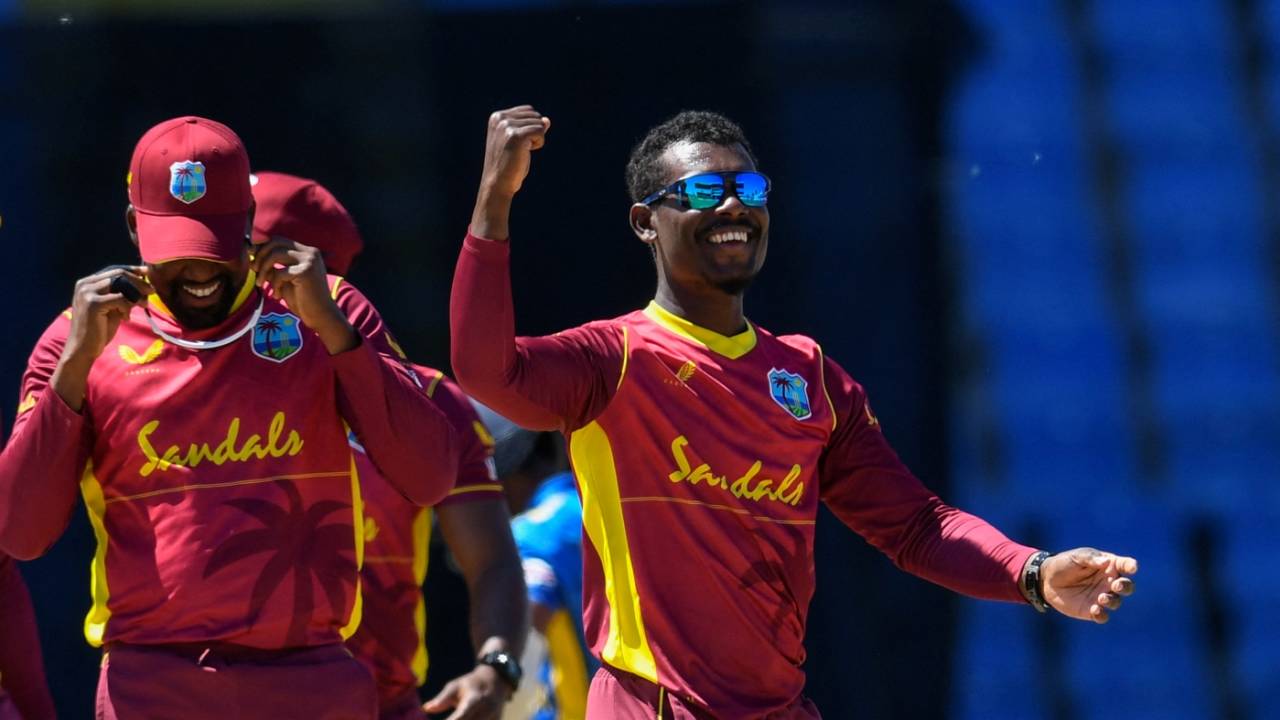Jason Mohammed is all smiles after bowling Dimuth Karunaratne, West Indies vs Sri Lanka, 3rd ODI, North Sound, March 14, 2021