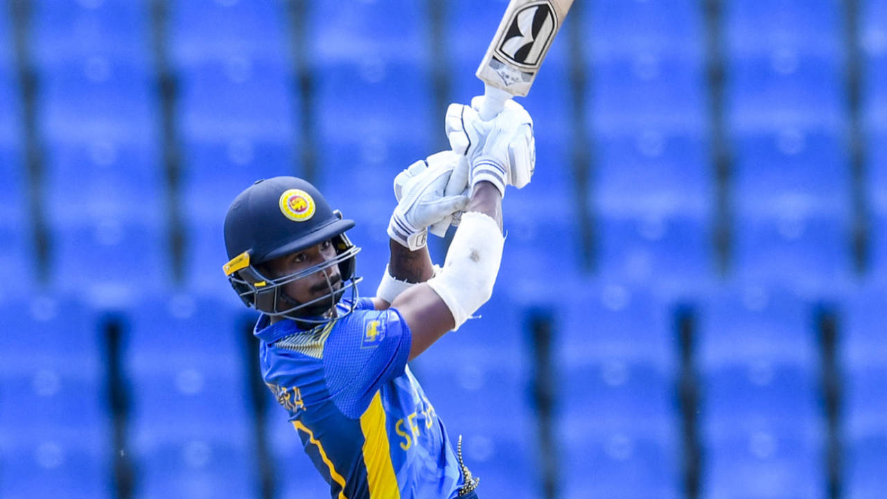 Ashen Bandara hits out, West Indies vs Sri Lanka, 3rd ODI, North Sound, March 14, 2021