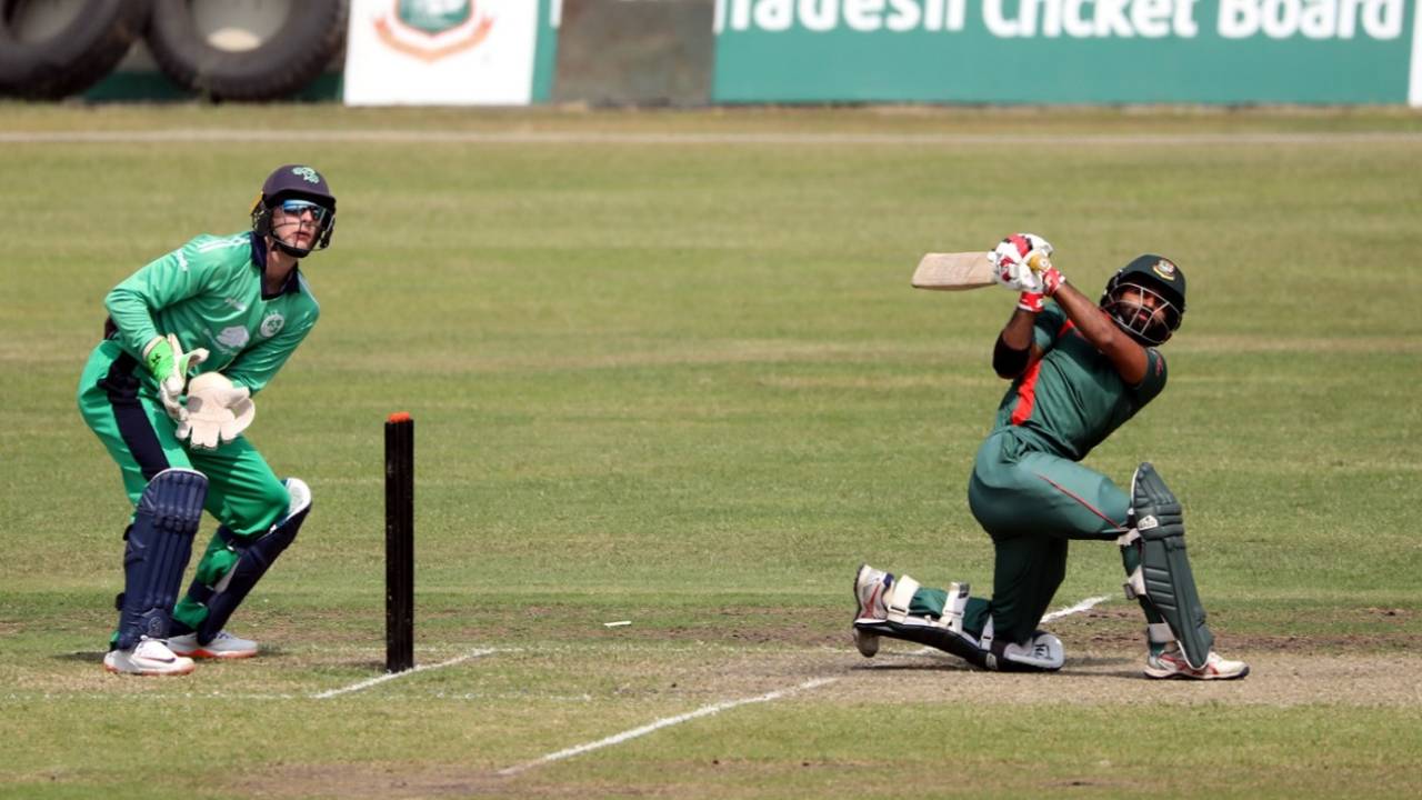 Shamim Hossain hits one of his four sixes during the solitary T20 against Ireland Wolves&nbsp;&nbsp;&bull;&nbsp;&nbsp;BCB