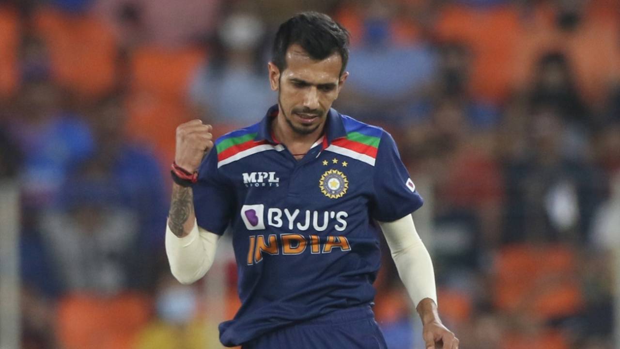 Yuzvendra Chahal celebrates the wicket of Jos Buttler, Ahmedabad, March 12, 2021
