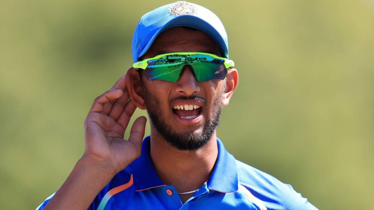 Prasidh Krishna reacts on the field during a game against England Lions, Fischer County Ground, June 26, 2018